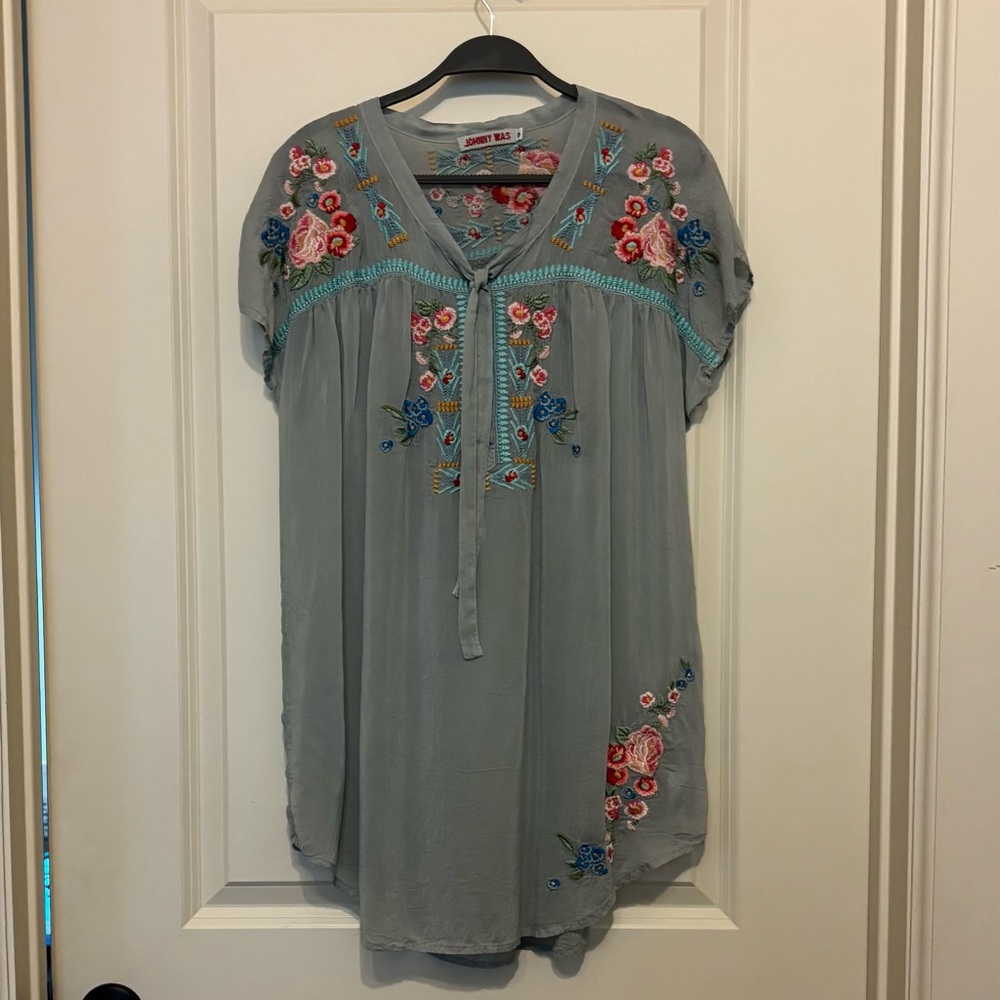 Johnny Was Slate Blue Embroidered Tunic with Pink & Red Floral Accents